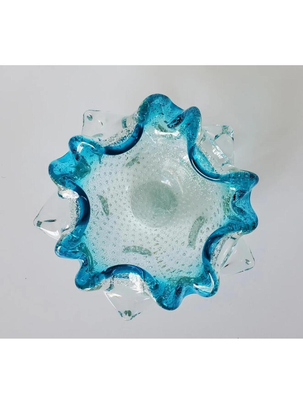 Vintage Murano Bullicante Controlled Bubble Blue Silver Art Glass Ashtray Bowl